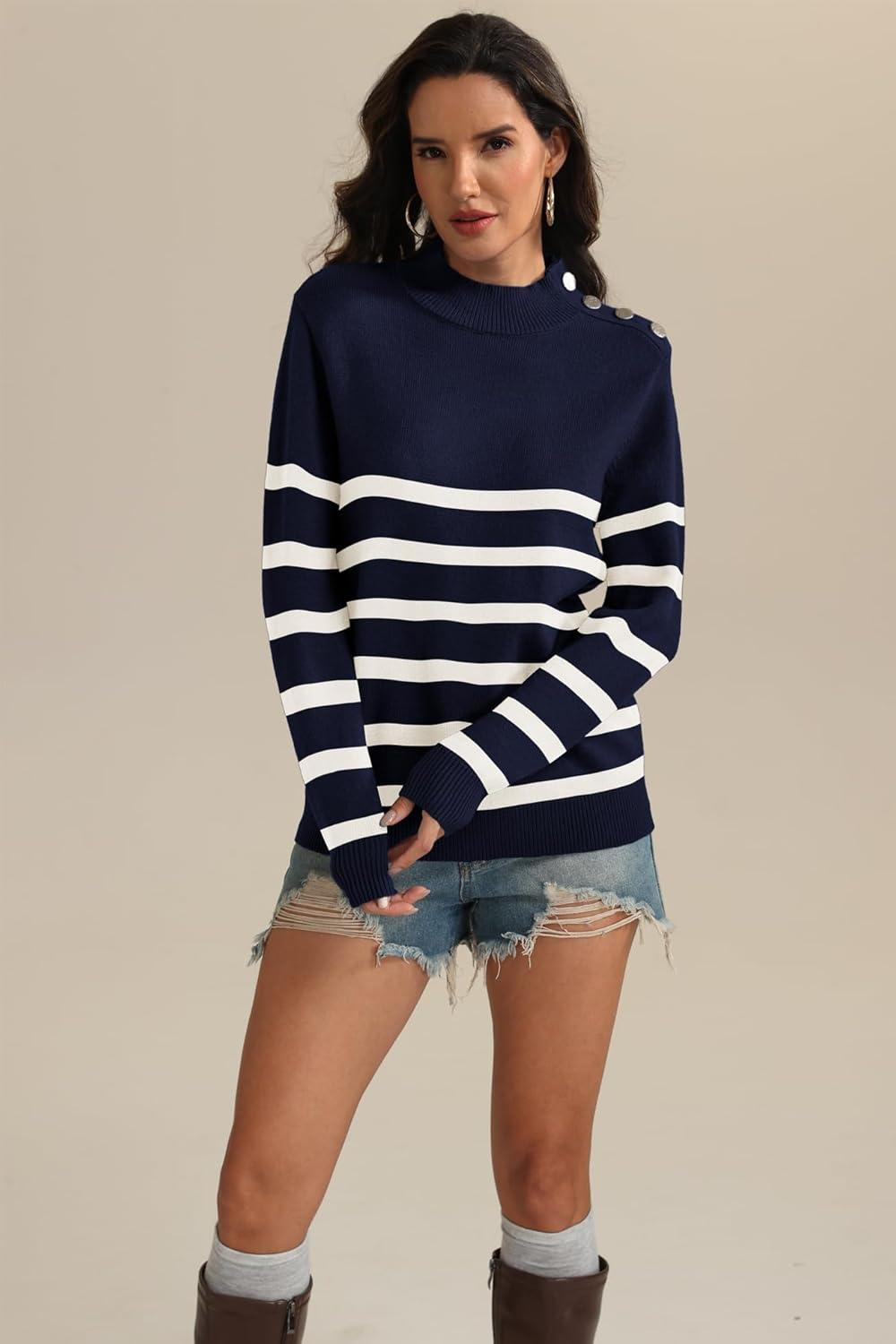 imageATHMILE Fall Mock Neck Striped Sweaters for Women 2025 Winter Turtleneck Long Sleeve Knit Sweater Fashion Pullover TopsNavy