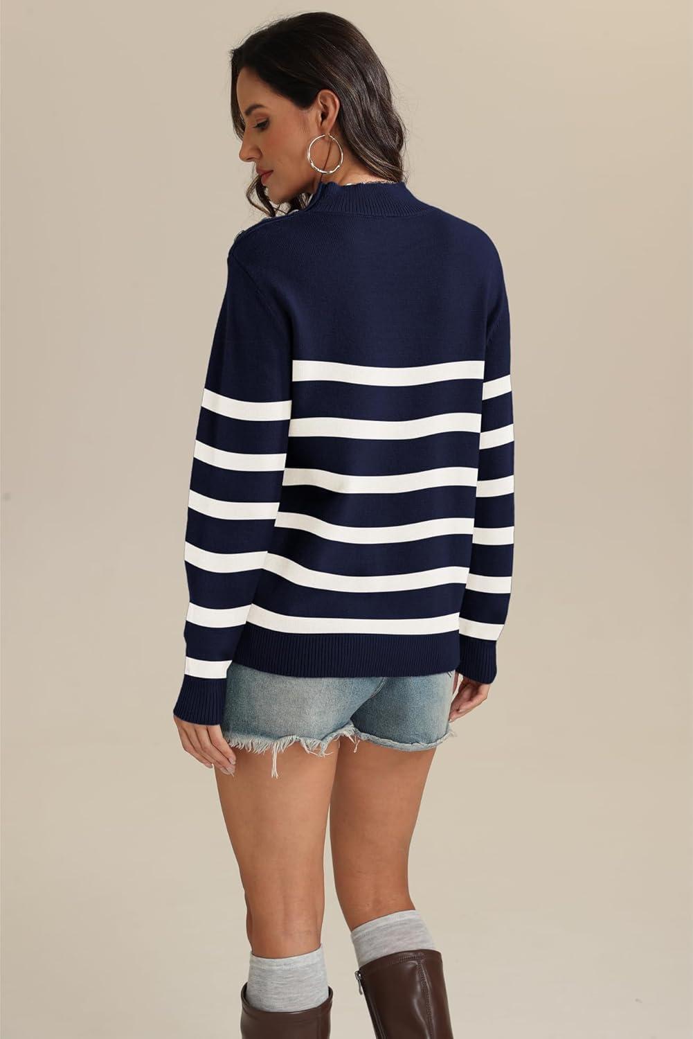 imageATHMILE Fall Mock Neck Striped Sweaters for Women 2025 Winter Turtleneck Long Sleeve Knit Sweater Fashion Pullover TopsNavy