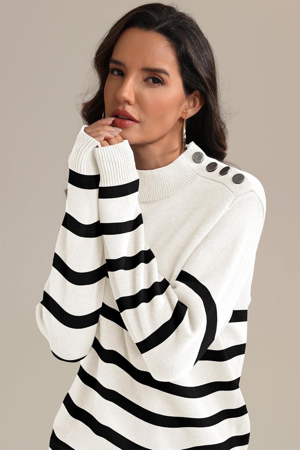 imageATHMILE Fall Mock Neck Striped Sweaters for Women 2025 Winter Turtleneck Long Sleeve Knit Sweater Fashion Pullover TopsWhite