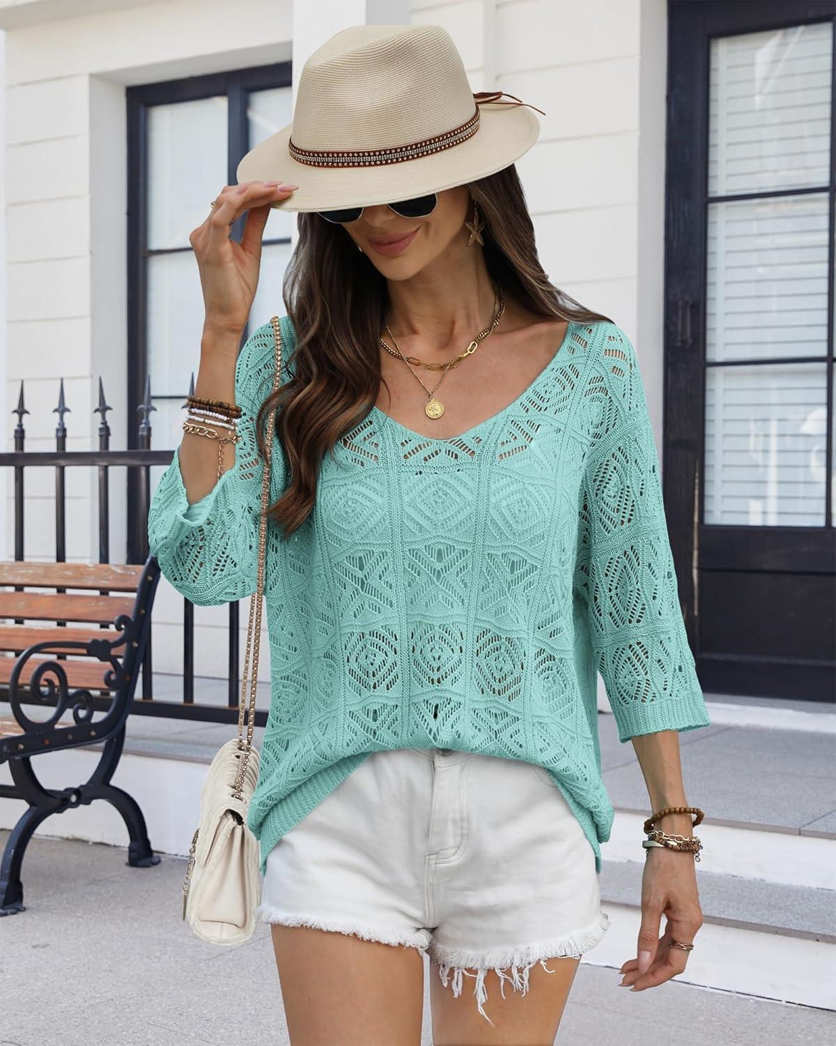 imageATHMILE Womens 2025 Spring Summer Crochet Hollow Out 34 Sleeve Pullover Sweater Off Shoulder TShirtsLight Blue