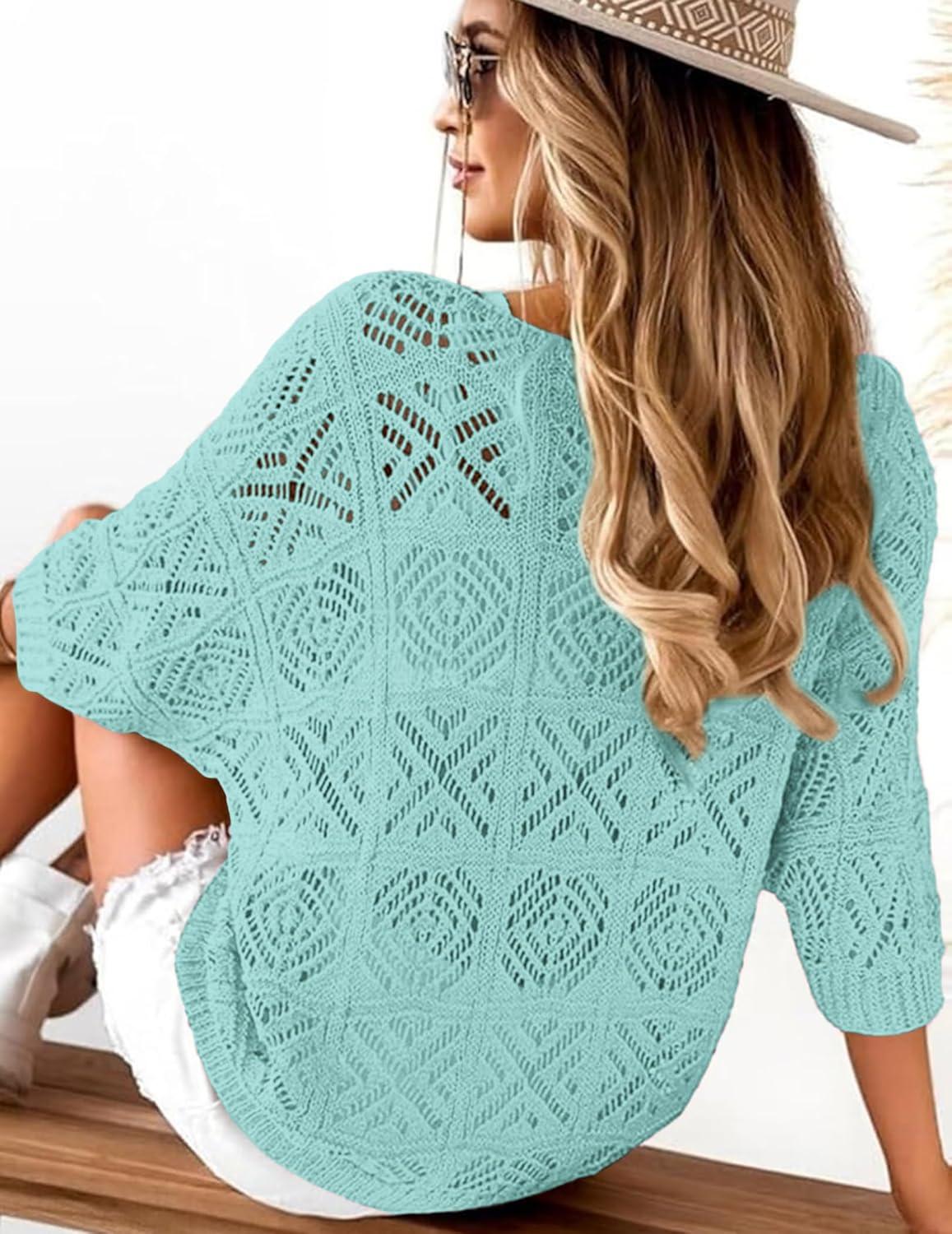 imageATHMILE Womens 2025 Spring Summer Crochet Hollow Out 34 Sleeve Pullover Sweater Off Shoulder TShirtsLight Blue