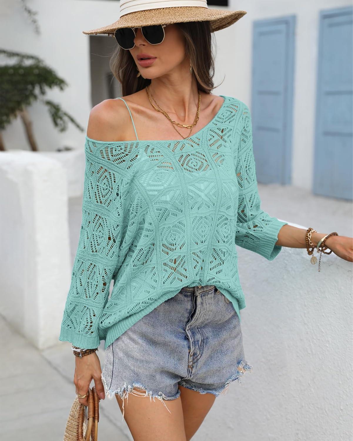 imageATHMILE Womens 2025 Spring Summer Crochet Hollow Out 34 Sleeve Pullover Sweater Off Shoulder TShirtsLight Blue