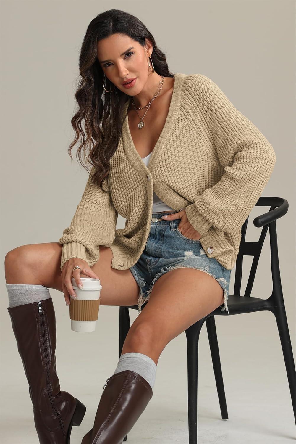 imageATHMILE Womens Chunky Cardigan Sweaters Long Sleeve Button Loose Short Outerwear Coats Open Front Fall ClothesApricot