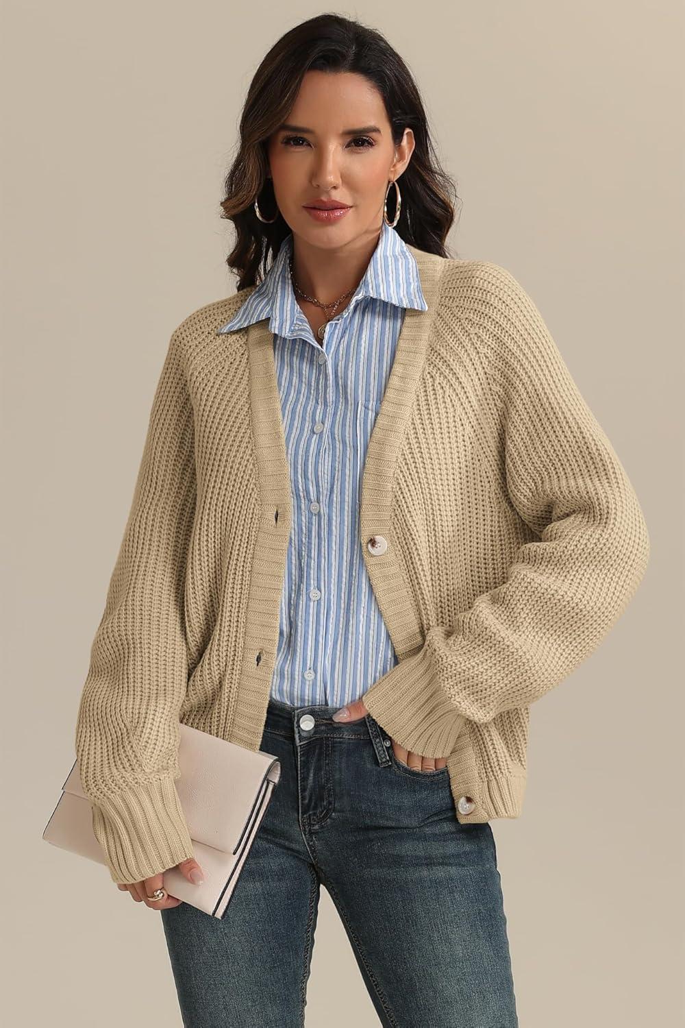imageATHMILE Womens Chunky Cardigan Sweaters Long Sleeve Button Loose Short Outerwear Coats Open Front Fall ClothesApricot
