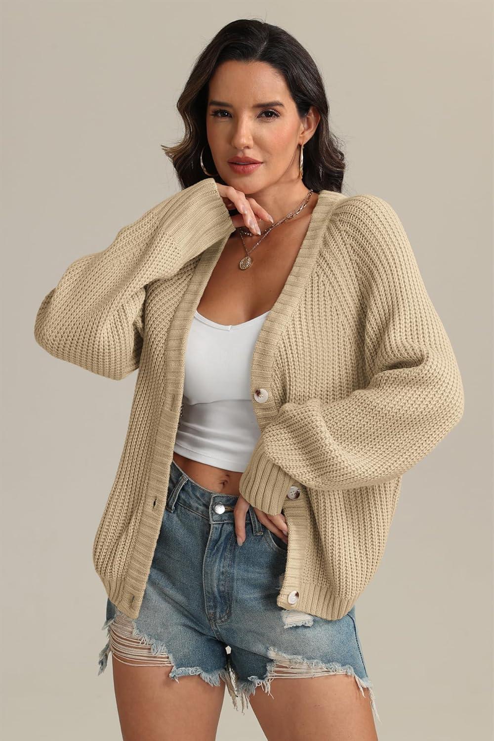 imageATHMILE Womens Chunky Cardigan Sweaters Long Sleeve Button Loose Short Outerwear Coats Open Front Fall ClothesApricot