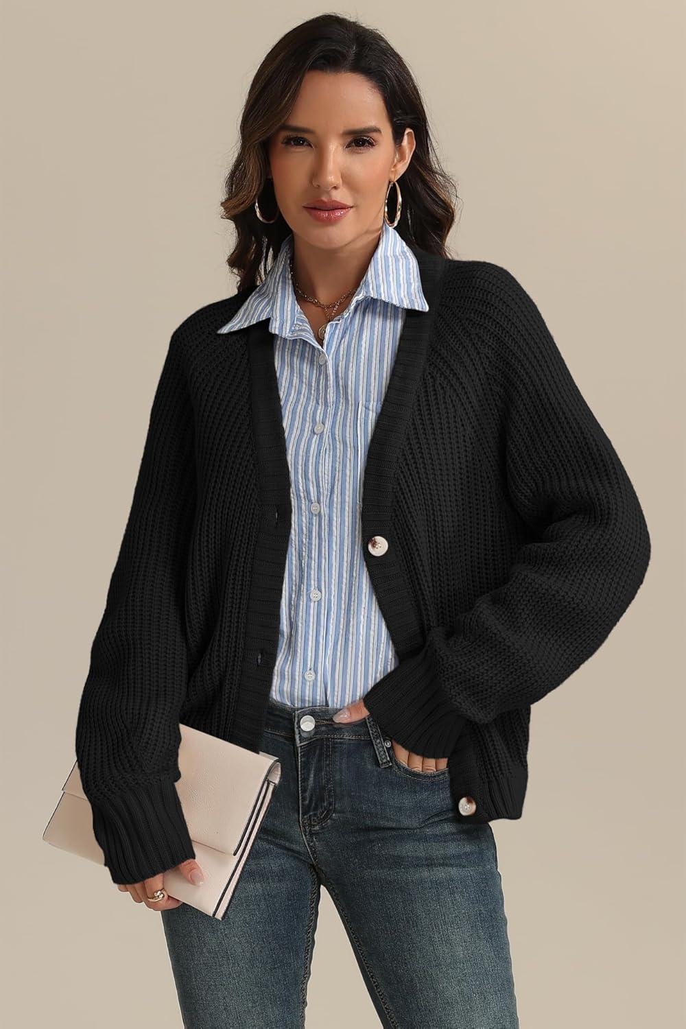 imageATHMILE Womens Chunky Cardigan Sweaters Long Sleeve Button Loose Short Outerwear Coats Open Front Fall ClothesBlack