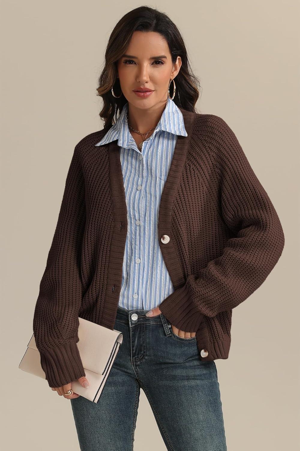imageATHMILE Womens Chunky Cardigan Sweaters Long Sleeve Button Loose Short Outerwear Coats Open Front Fall ClothesChocolate Brown