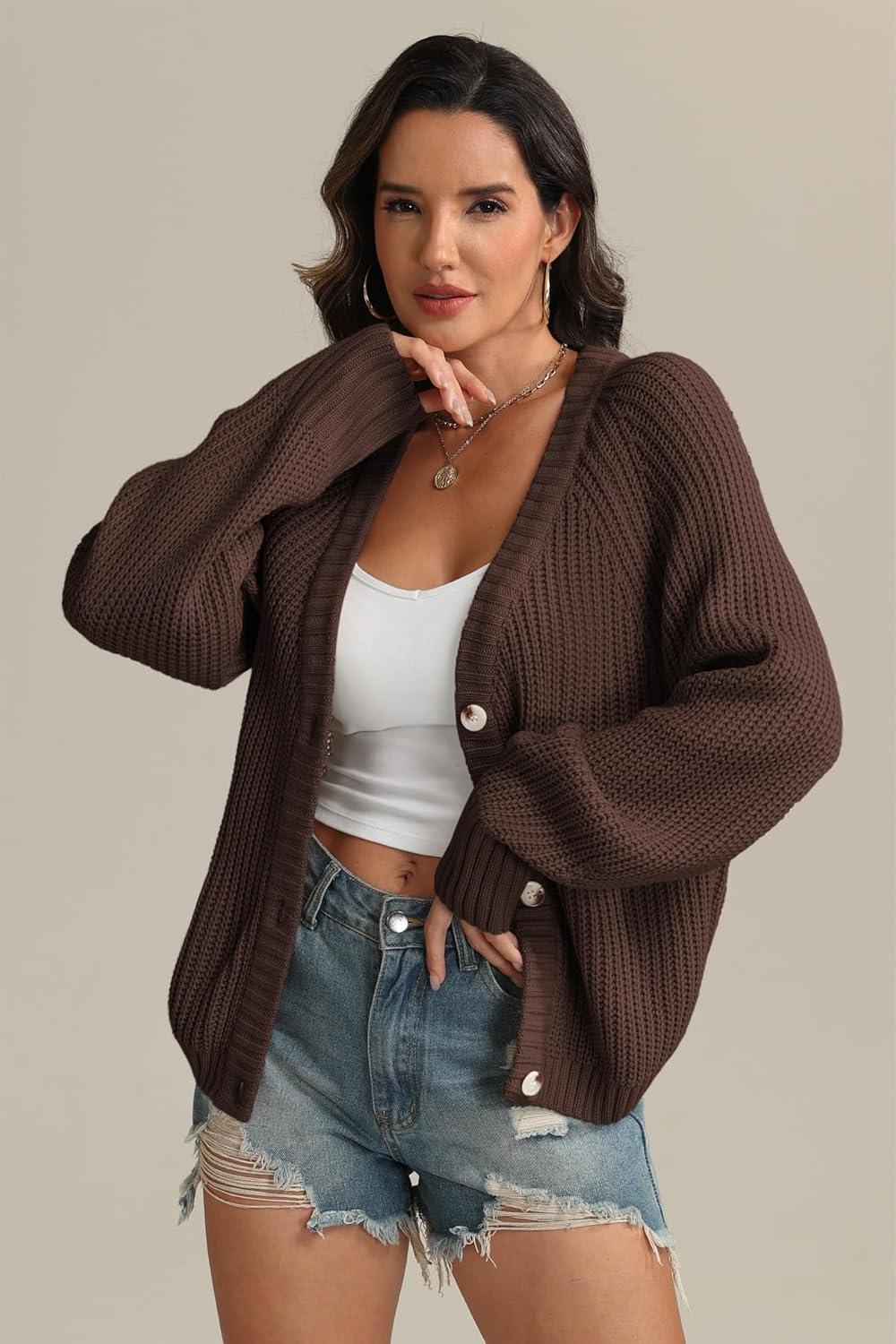 imageATHMILE Womens Chunky Cardigan Sweaters Long Sleeve Button Loose Short Outerwear Coats Open Front Fall ClothesChocolate Brown