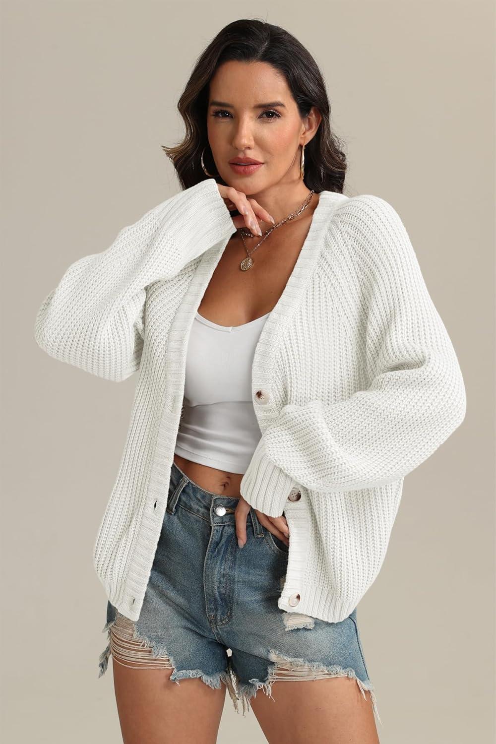 imageATHMILE Womens Chunky Cardigan Sweaters Long Sleeve Button Loose Short Outerwear Coats Open Front Fall ClothesCream White