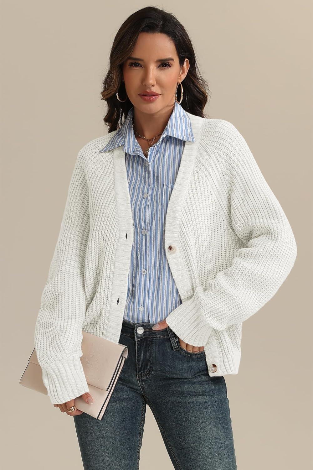 imageATHMILE Womens Chunky Cardigan Sweaters Long Sleeve Button Loose Short Outerwear Coats Open Front Fall ClothesCream White