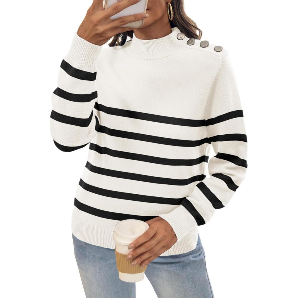 imageATHMILE Fall Mock Neck Striped Sweaters for Women 2025 Winter Turtleneck Long Sleeve Knit Sweater Fashion Pullover TopsWhite