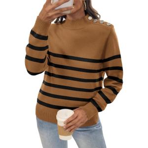imageATHMILE Fall Mock Neck Striped Sweaters for Women 2025 Winter Turtleneck Long Sleeve Knit Sweater Fashion Pullover TopsKhaki