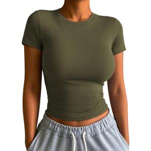 imageATHMILE Womens Basic TShirts Going Out Crop Tops Tight Slim Fit Cute Teen Girls Short SleeveLong Sleeve Y2k Clothes1army Green