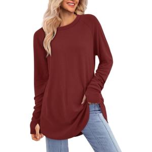 imageATHMILE Womens Tunic Tops Long Sleeve Thumb Hole Shirts Fall Sweater Crew Neck Winter Fashion Clothes 2025Wine Red