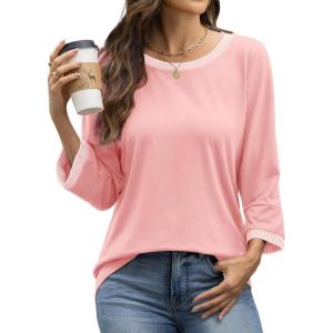 imageATHMILE Womens 34 Length Sleeve Tops Dressy Casual Striped Crew Neck Fall T Shirts Spring Blouse Summer TunicsLight Pink