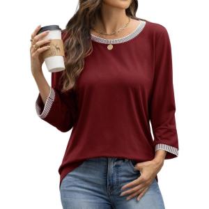 imageATHMILE Womens 34 Length Sleeve Tops Dressy Casual Striped Crew Neck Fall T Shirts Spring Blouse Summer TunicsWine Red