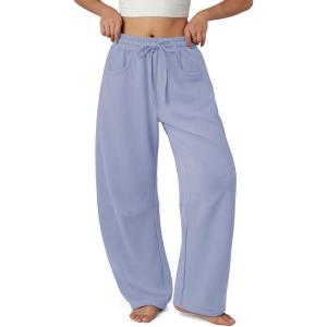 imageATHMILE Barrel Sweatpants Women Fall Fashion Wide Leg Pants 2025 Baggy Lounge Comfy Flowy Sweat Pants with PocketsLight Blue