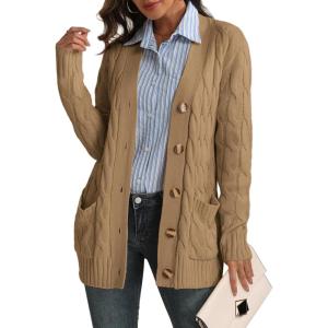imageATHMILE Cardigan Sweaters for Women Fashion Open Front Cardigans 2025 Fall Outfits Womens Long Sleeve Cable Knit Button CoatsKhaki