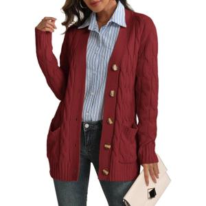 imageATHMILE Cardigan Sweaters for Women Fashion Open Front Cardigans 2025 Fall Outfits Womens Long Sleeve Cable Knit Button CoatsWine Red