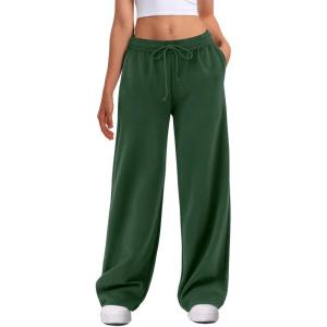 imageATHMILE Womens Wide Leg Sweatpants High Waisted Baggy Interior Drawstring Joggers Straight Leg Sweat Pants with PocketsDark Green