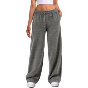 imageATHMILE Womens Wide Leg Sweatpants High Waisted Baggy Interior Drawstring Joggers Straight Leg Sweat Pants with PocketsDark Grey
