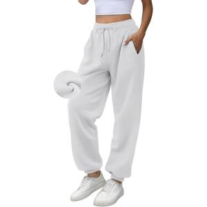 imageATHMILE Yoga Pants with Pockets for Women Sweatpants Joggers Fleece Lined Baggy Cargo Work Lounge Snow High Waisted Fall Fashion White
