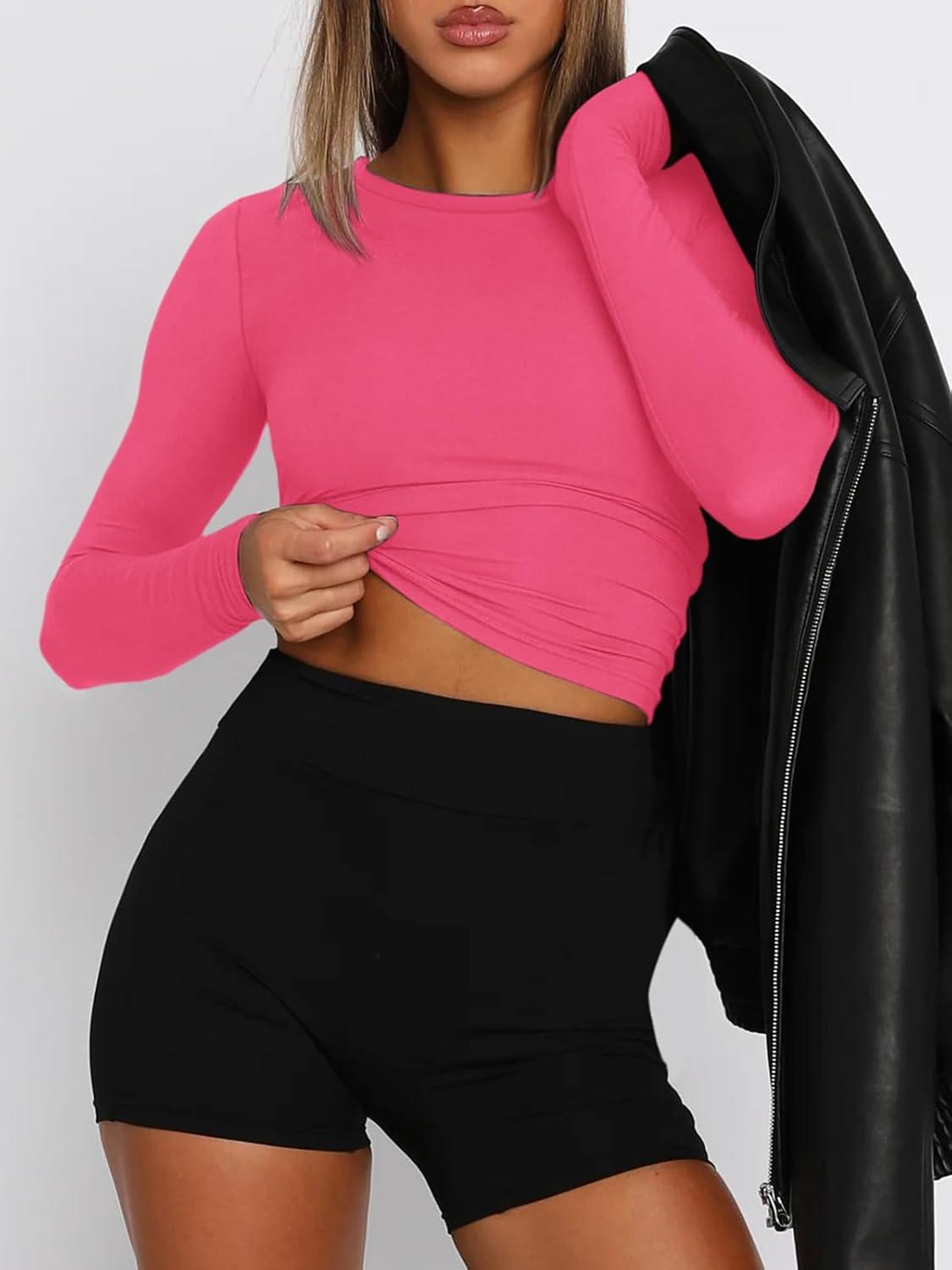 imageATHMILE Womens Basic TShirts Going Out Crop Tops Tight Slim Fit Cute Teen Girls Short SleeveLong Sleeve Y2k Clothes2neon Pink