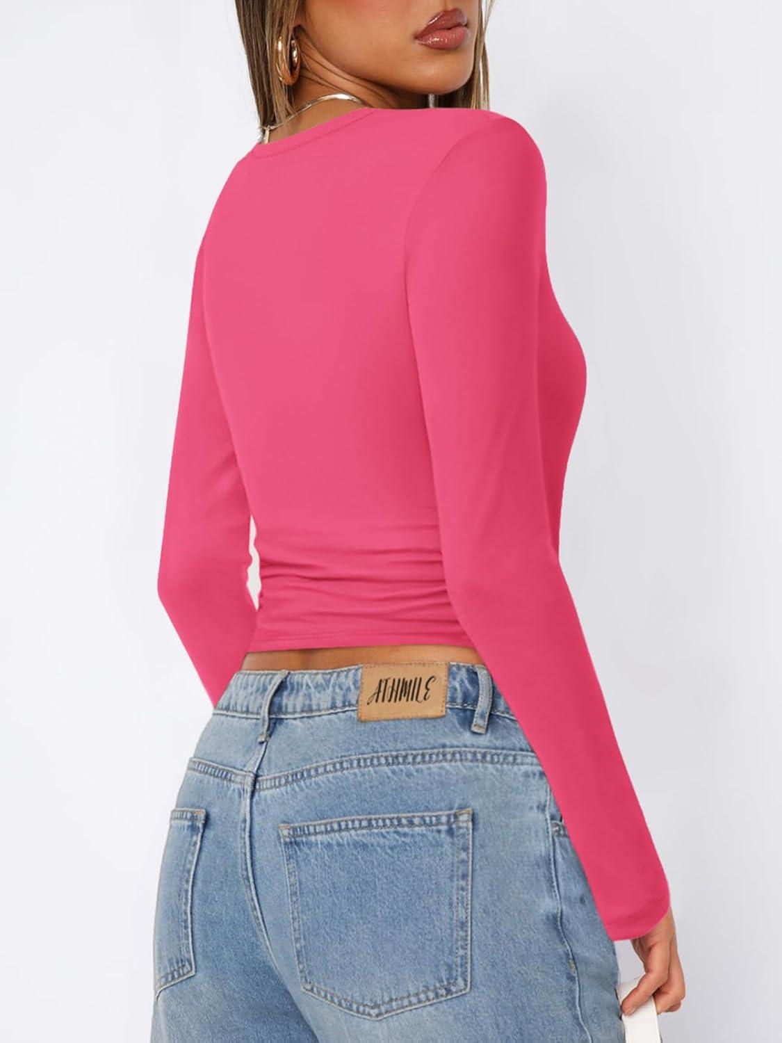 imageATHMILE Womens Basic TShirts Going Out Crop Tops Tight Slim Fit Cute Teen Girls Short SleeveLong Sleeve Y2k Clothes2neon Pink