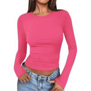imageATHMILE Womens Basic TShirts Going Out Crop Tops Tight Slim Fit Cute Teen Girls Short SleeveLong Sleeve Y2k Clothes2neon Pink