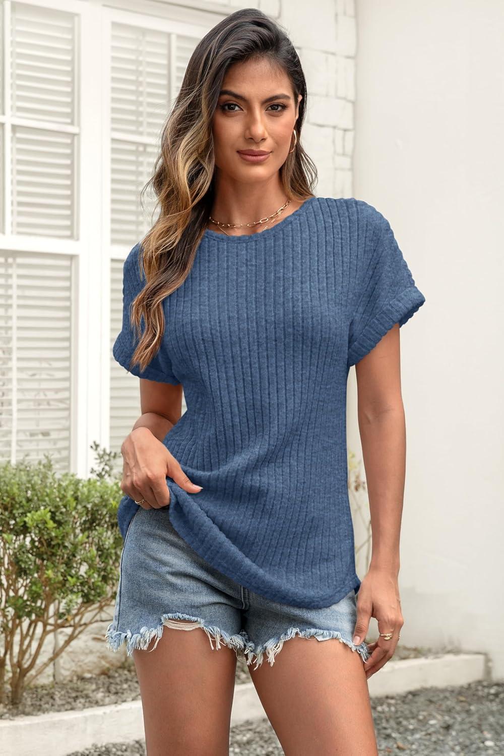 imageATHMILE Womens Tops Summer Sweaters Regular Fit Short Sleeve Shirts Fashion Dressy Casual Business Tunic Blouses 2025Blue