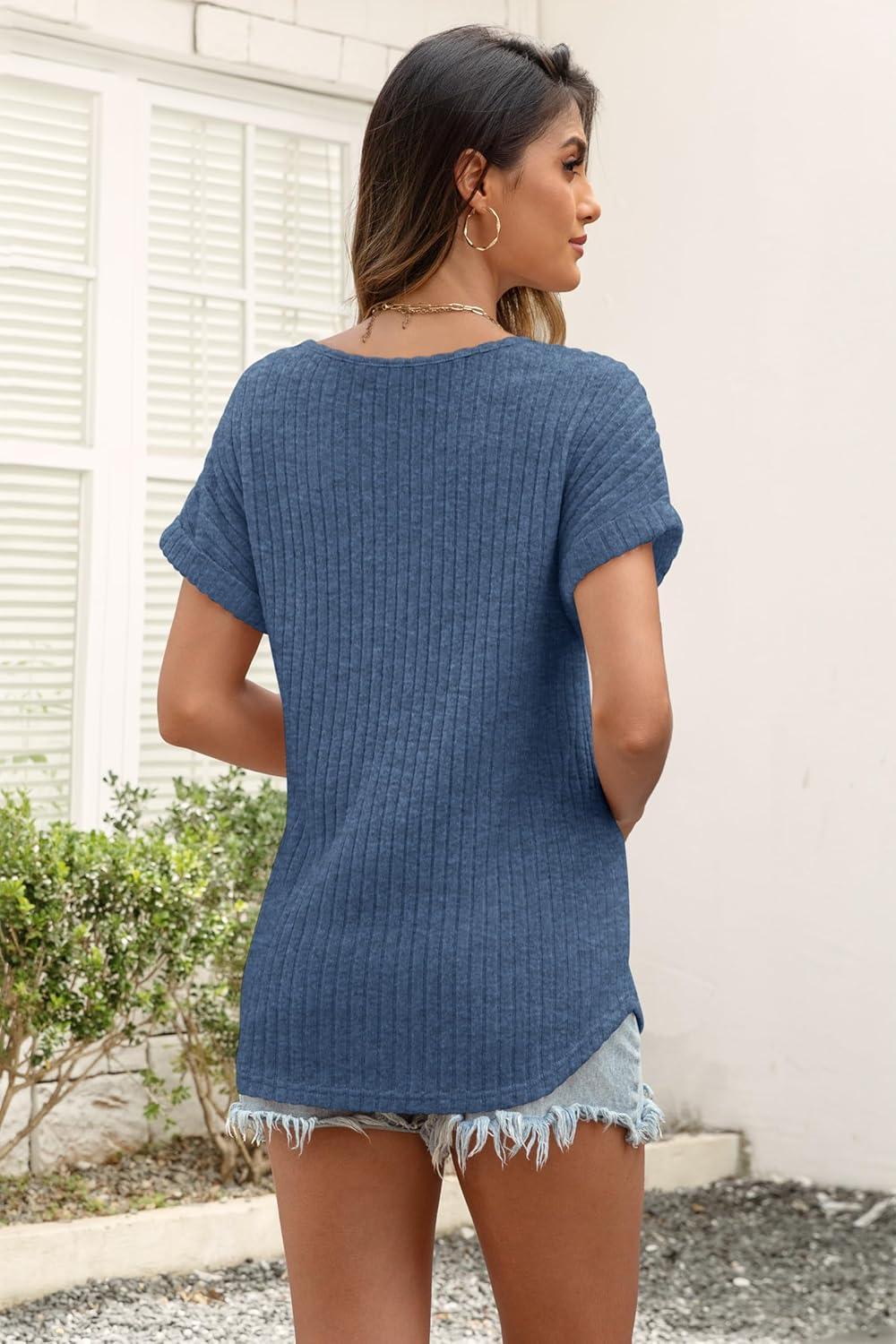 imageATHMILE Womens Tops Summer Sweaters Regular Fit Short Sleeve Shirts Fashion Dressy Casual Business Tunic Blouses 2025Blue