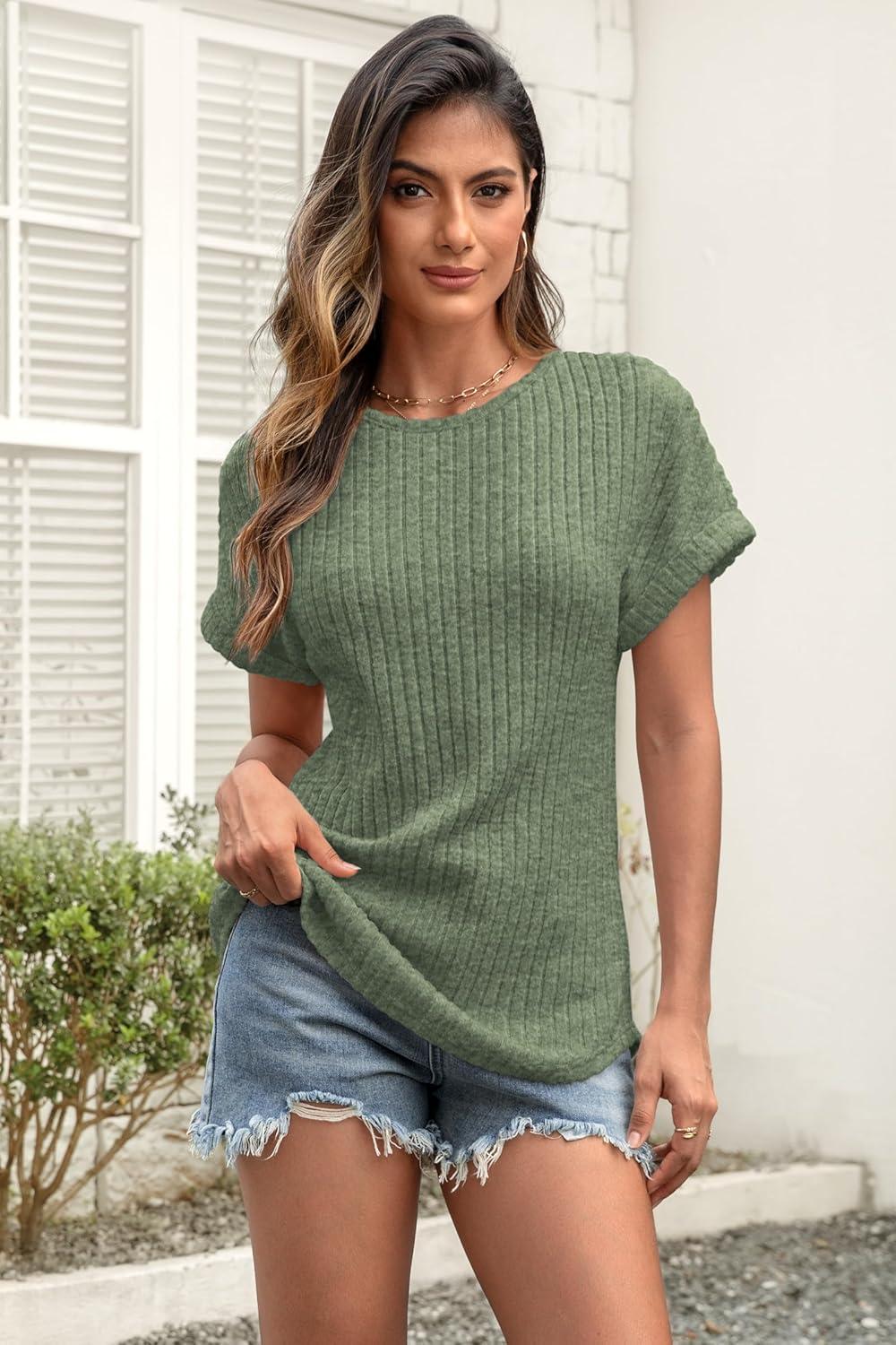 imageATHMILE Womens Tops Summer Sweaters Regular Fit Short Sleeve Shirts Fashion Dressy Casual Business Tunic Blouses 2025Green