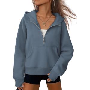 imageATHMILE Womens Hoodies Long Sleeve Fleece Quarter Zip Pullover Workout Oversized Sweatshirt Fall Winter Crop Jacket Tops 2025Greyblue