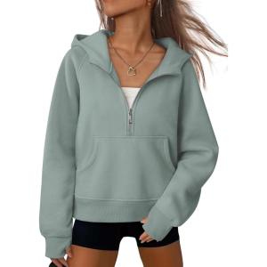 imageATHMILE Womens Hoodies Long Sleeve Fleece Quarter Zip Pullover Workout Oversized Sweatshirt Fall Winter Crop Jacket Tops 2025Greygreen