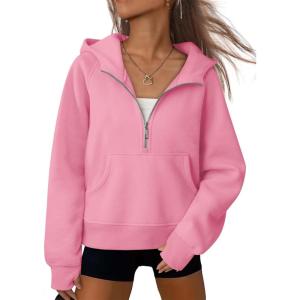 imageATHMILE Womens Hoodies Long Sleeve Fleece Quarter Zip Pullover Workout Oversized Sweatshirt Fall Winter Crop Jacket Tops 2025Pink