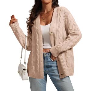 imageATHMILE Womens Oversized Sweaters Cable Knit Cardigan Fall Fashion Long Sleeve Open Front Chunky Winter Coats 2025Apricot