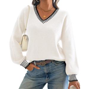 imageATHMILE Womens Sweaters V Neck Long Sleeve Contrast Knit Casual Pullover Fall Winter Outfits Cute Tops 2025White