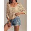 imageATHMILE Off The Shoulder Tops for Women Spring Summer Crochet Hollow Out 34 Sleeve Pullover Sweater Beach Vacation ClothesCamel