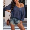 imageATHMILE Off The Shoulder Tops for Women Spring Summer Crochet Hollow Out 34 Sleeve Pullover Sweater Beach Vacation ClothesNavy Blue