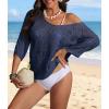 imageATHMILE Off The Shoulder Tops for Women Spring Summer Crochet Hollow Out 34 Sleeve Pullover Sweater Beach Vacation ClothesNavy Blue