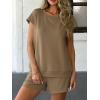 imageATHMILE Womens Two Piece Sets Summer Crew Neck Cap Sleeve Tops Lounge Shorts Beach Vacation Rompers Outfits With PocketsCoffee Brown