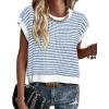 imageATHMILE Womens Short Sleeve Sweater Spring Summer Striped Round Neck Pullover Cap Sleeve Knit Cute Fashion Vest TopsBlue