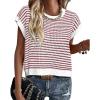 imageATHMILE Womens Short Sleeve Sweater Spring Summer Striped Round Neck Pullover Cap Sleeve Knit Cute Fashion Vest TopsRed