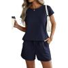 imageATHMILE Womens Two Piece Sets Summer Crew Neck Cap Sleeve Tops Lounge Shorts Beach Vacation Rompers Outfits With PocketsNavy Blue