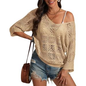 imageATHMILE Off The Shoulder Tops for Women Spring Summer Crochet Hollow Out 34 Sleeve Pullover Sweater Beach Vacation ClothesCamel