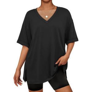 imageATHMILE Oversized Tshirts for Women Summer Beach 2025 V Neck Casual Tunic Tops Spring Fashion Cute Basic Trendy OutfitsBlack