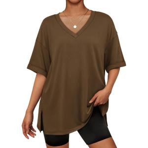 imageATHMILE Oversized Tshirts for Women Summer Beach 2025 V Neck Casual Tunic Tops Spring Fashion Cute Basic Trendy OutfitsBrown