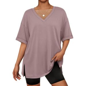 imageATHMILE Oversized Tshirts for Women Summer Beach 2025 V Neck Casual Tunic Tops Spring Fashion Cute Basic Trendy OutfitsDark Pink