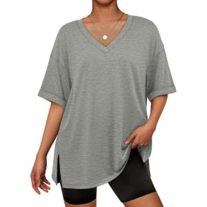 imageATHMILE Oversized Tshirts for Women Summer Beach 2025 V Neck Casual Tunic Tops Spring Fashion Cute Basic Trendy OutfitsGrey