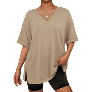 imageATHMILE Oversized Tshirts for Women Summer Beach 2025 V Neck Casual Tunic Tops Spring Fashion Cute Basic Trendy OutfitsKhaki